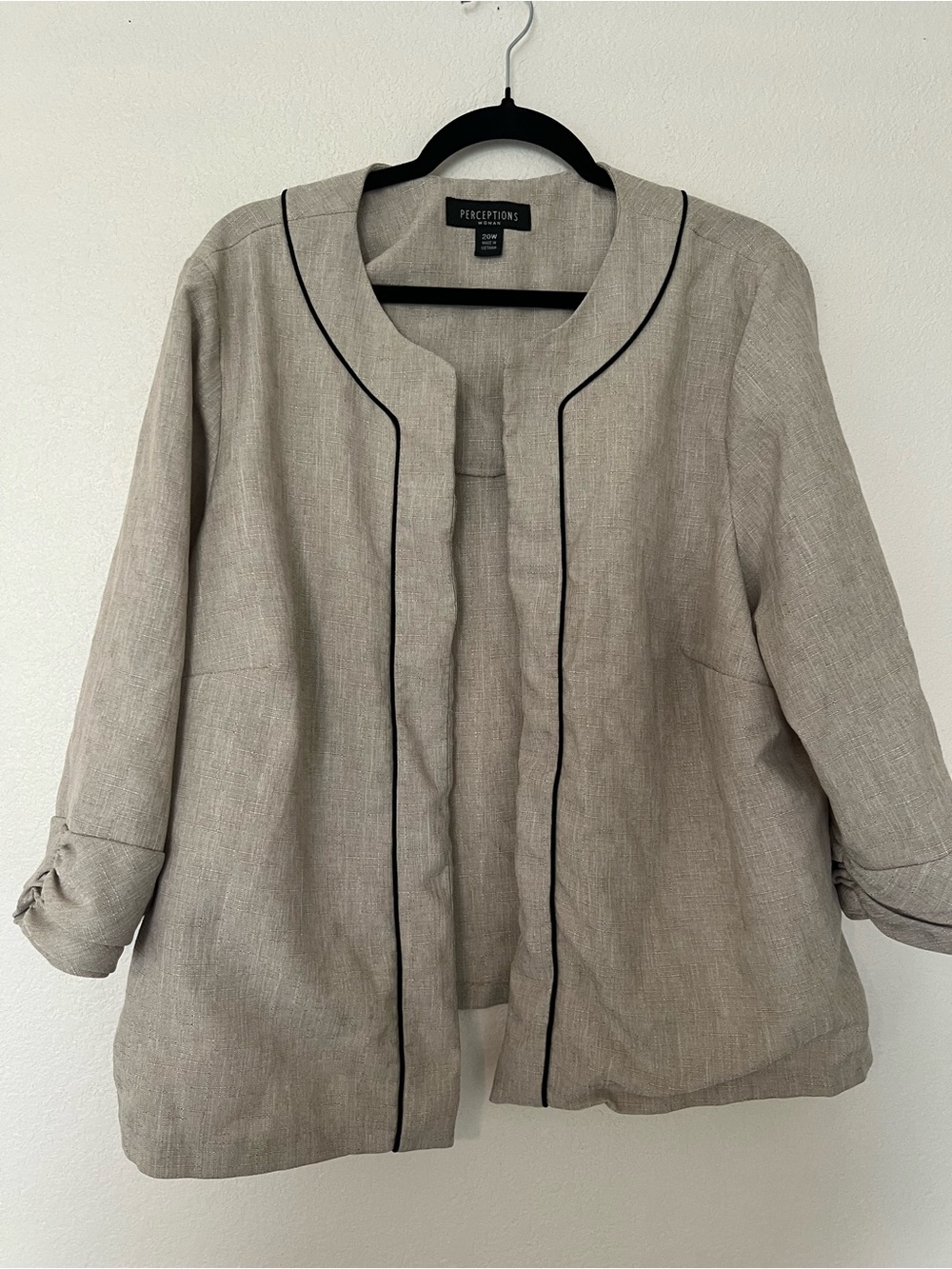 Perceptions Neutral Taupe Open-Front Blazer with Black Piping